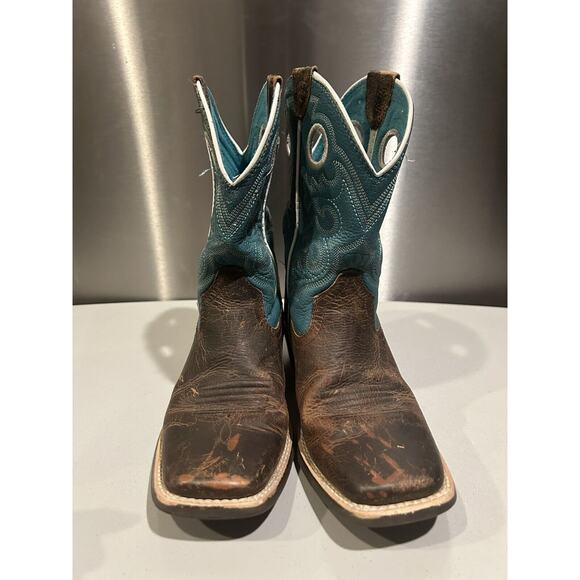 ARIAT Brown/Aqua Western Cowboy Boots Girls Youth Size 1.5 Cowgirl - Picture 5 of 8